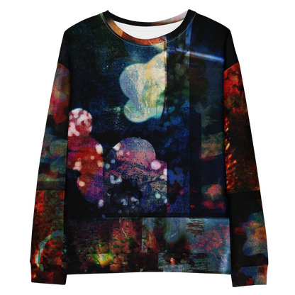 A long-sleeve crewneck sweatshirt featuring an all-over abstract, multicolor cosmic print with dark blue, red, orange, and yellow elements, shown against a plain white background.