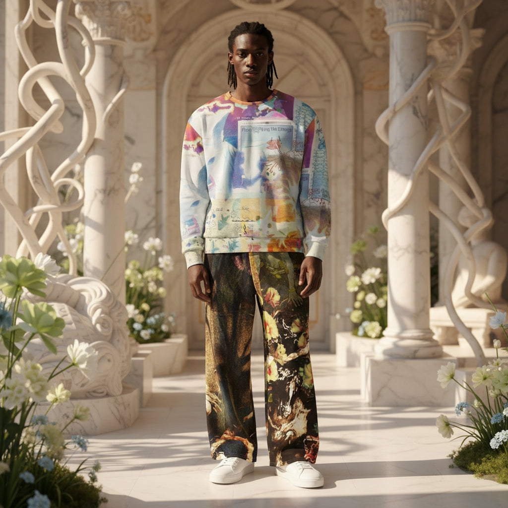 A man stands in a grand, sunlit architectural corridor with white marble columns and floral arrangements, wearing a colorful abstract-print sweatshirt and dark patterned pants with white sneakers.